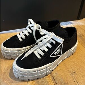 Prada Double Wheel Platform Sneakers Black Nylon White Logo Lace Up EU 38.5